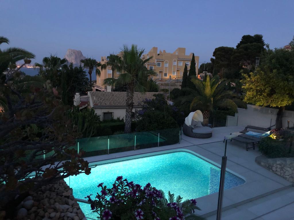 terras, zwembad, villa, tuin, nacht uitzicht
